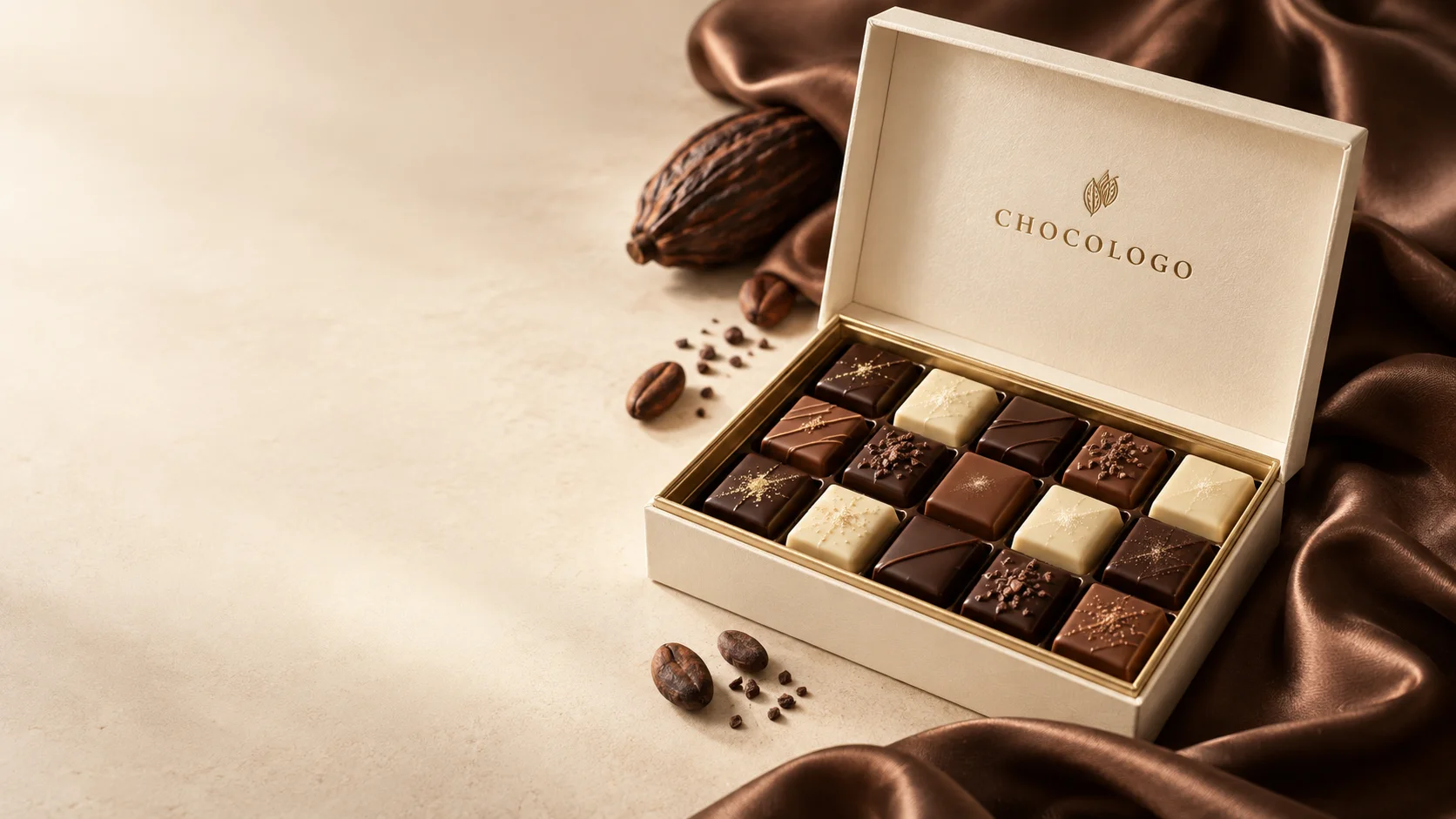 Ivory CHOCOLOGO gift box with dark, milk and white chocolates